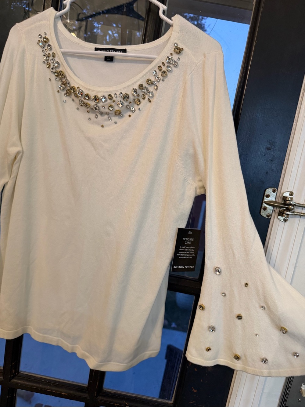Boston Proper Cream Embellished Scoop Neck Top
